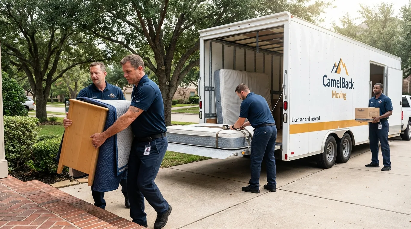 Crew loading residential truck for cross-state move from Montegut, LA