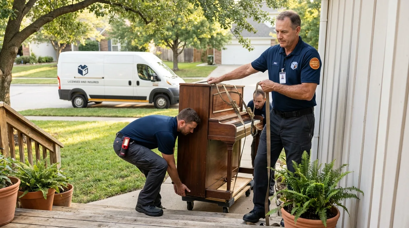 Licensed piano movers securing grand piano in Montegut, LA
