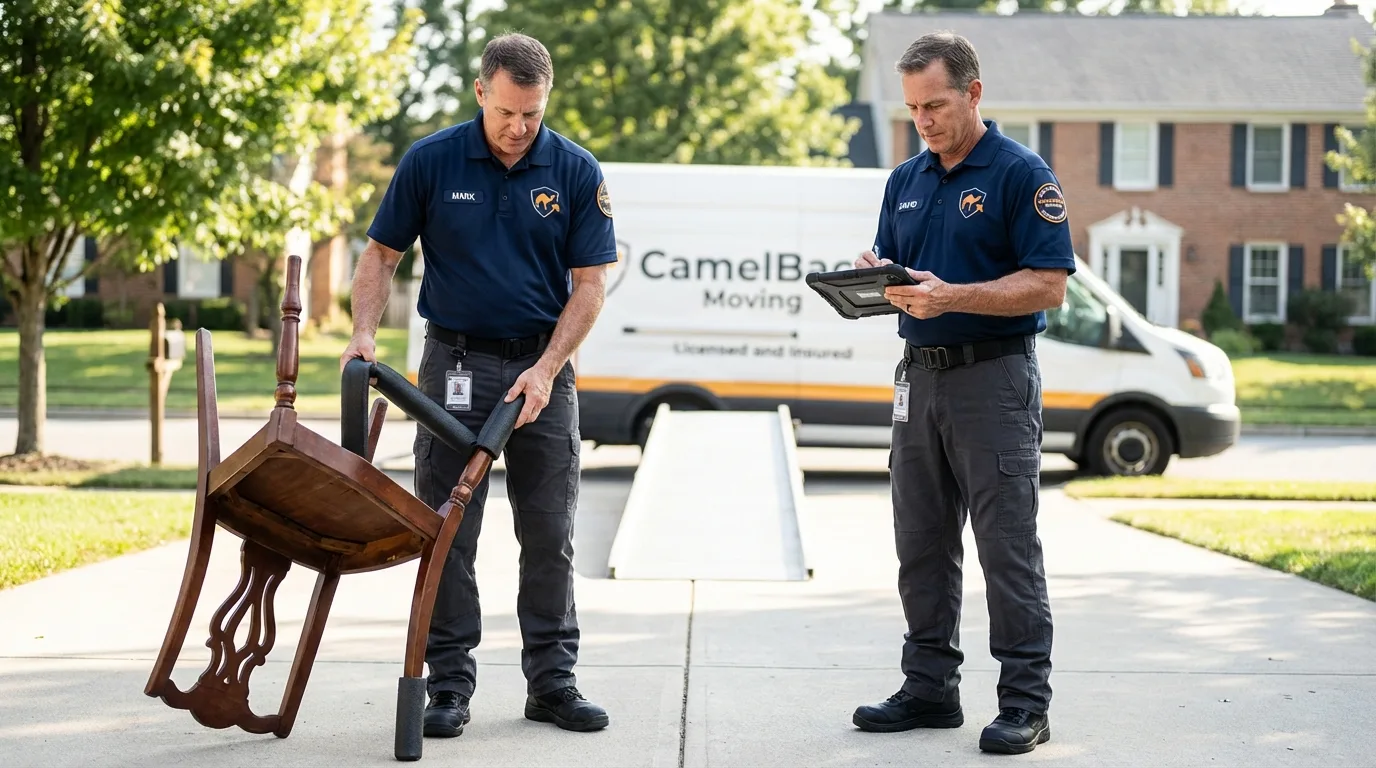 Movers inspecting furniture for damage prevention before loading in Montegut, LA
